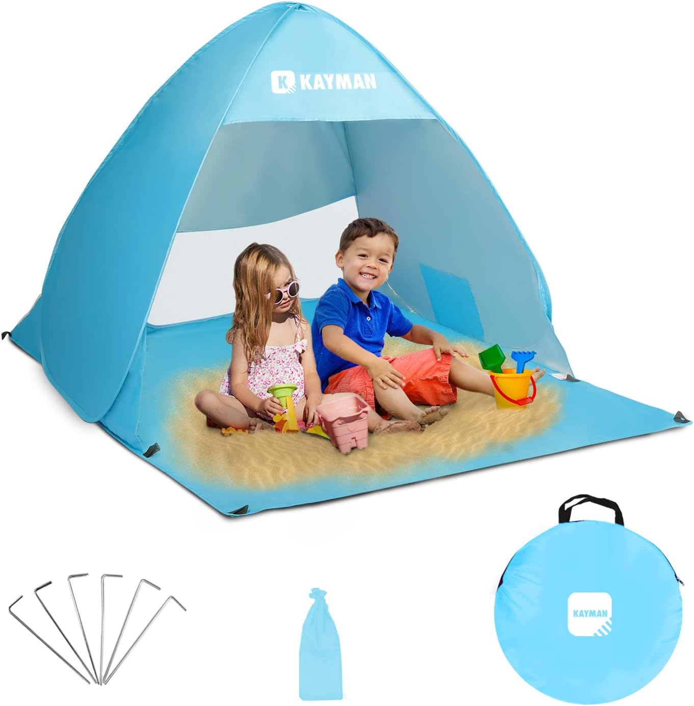 Kayman Pop-Up Beach Tent: UPF 50+ UV Protection for 3-4 People with Carrying Bag, Windproof Sun Shelter, Zipper Door, Ideal for Family, Pets, Park, Garden & Beach