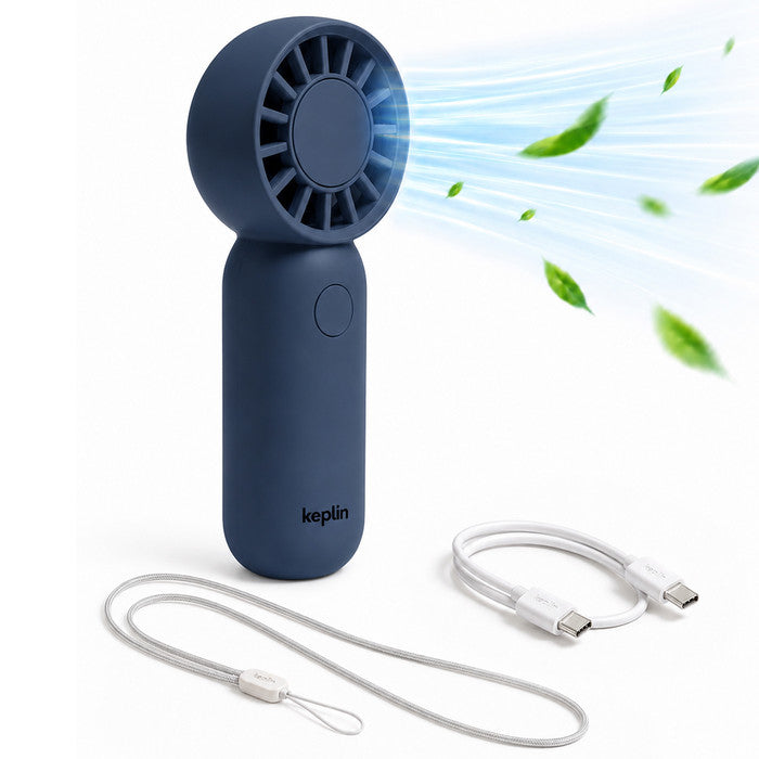 KEPLIN mini handheld fan Blue with USB-C charging cable and wrist strap – USB rechargeable pocket fan