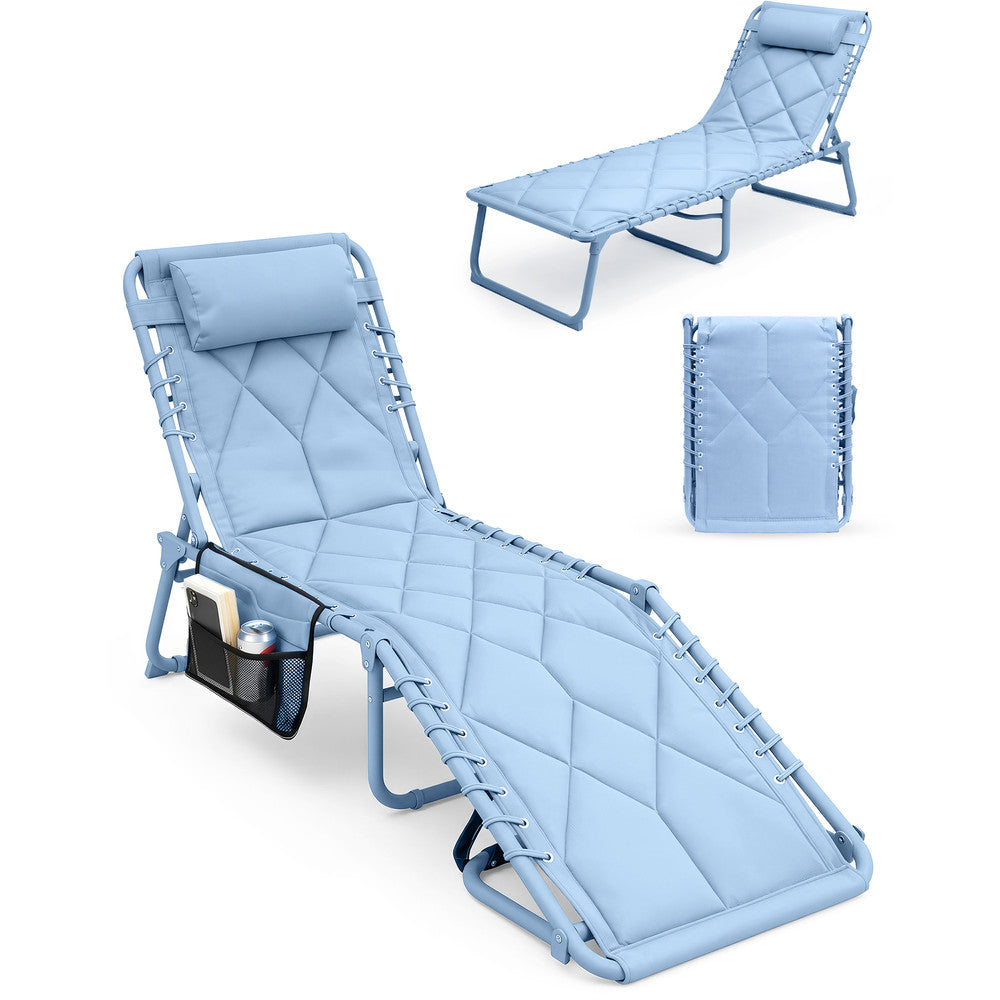 Keplin Quilted Folding Sun Lounger in Blue – Padded 600D Oxford Fabric Garden Recliner