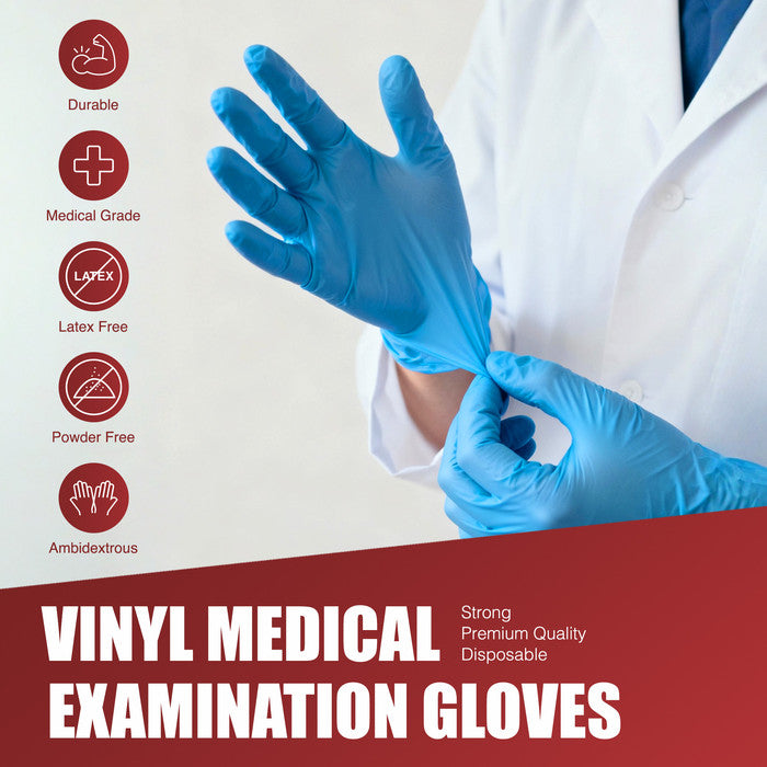Blue Vinyl Disposable Gloves Worn on Hand – Single Use Ambidextrous PVC Gloves Box of 100