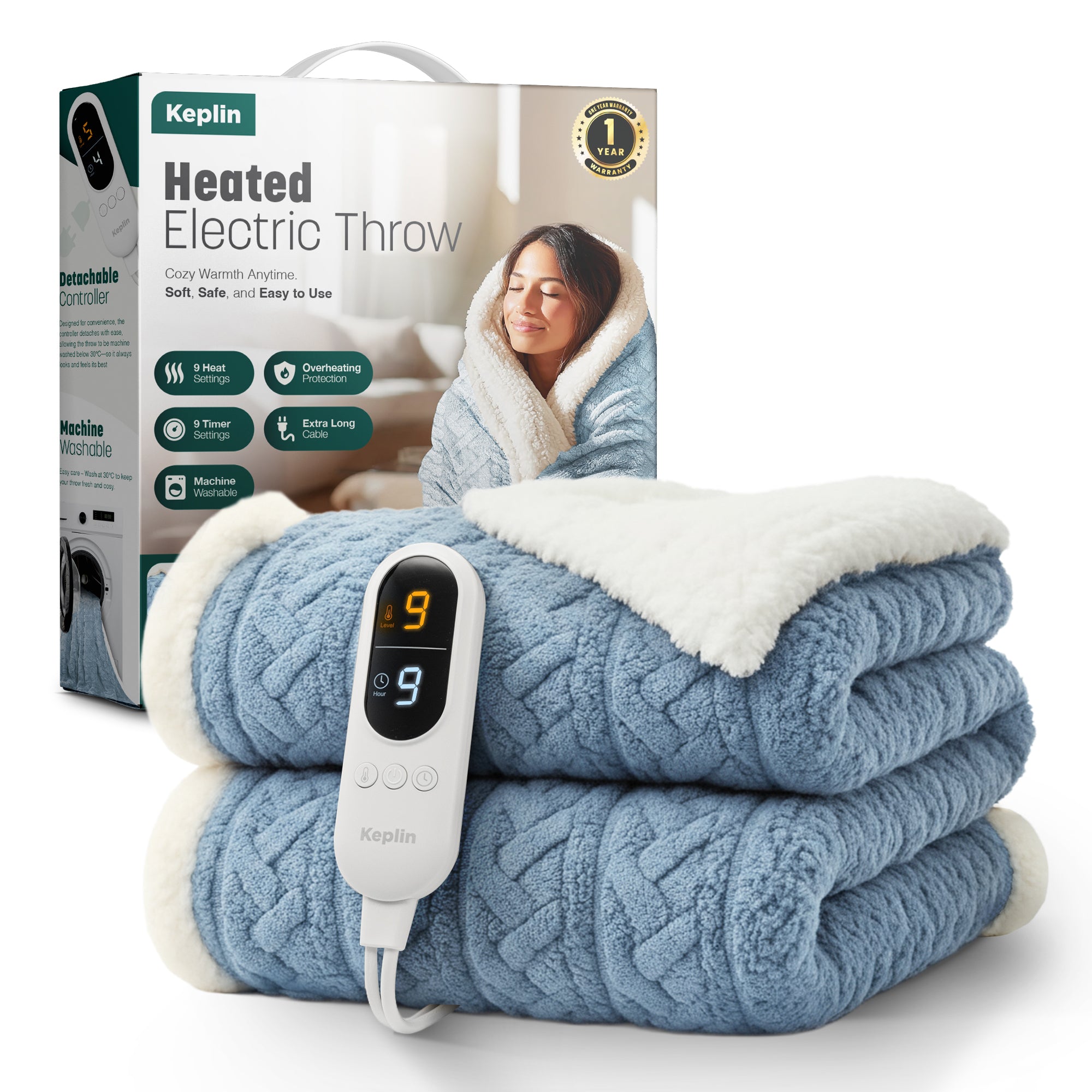 Electric Heated Throw Blanket - Machine Washable Fleece Wool Duvet, 9 Heat Settings & Timer