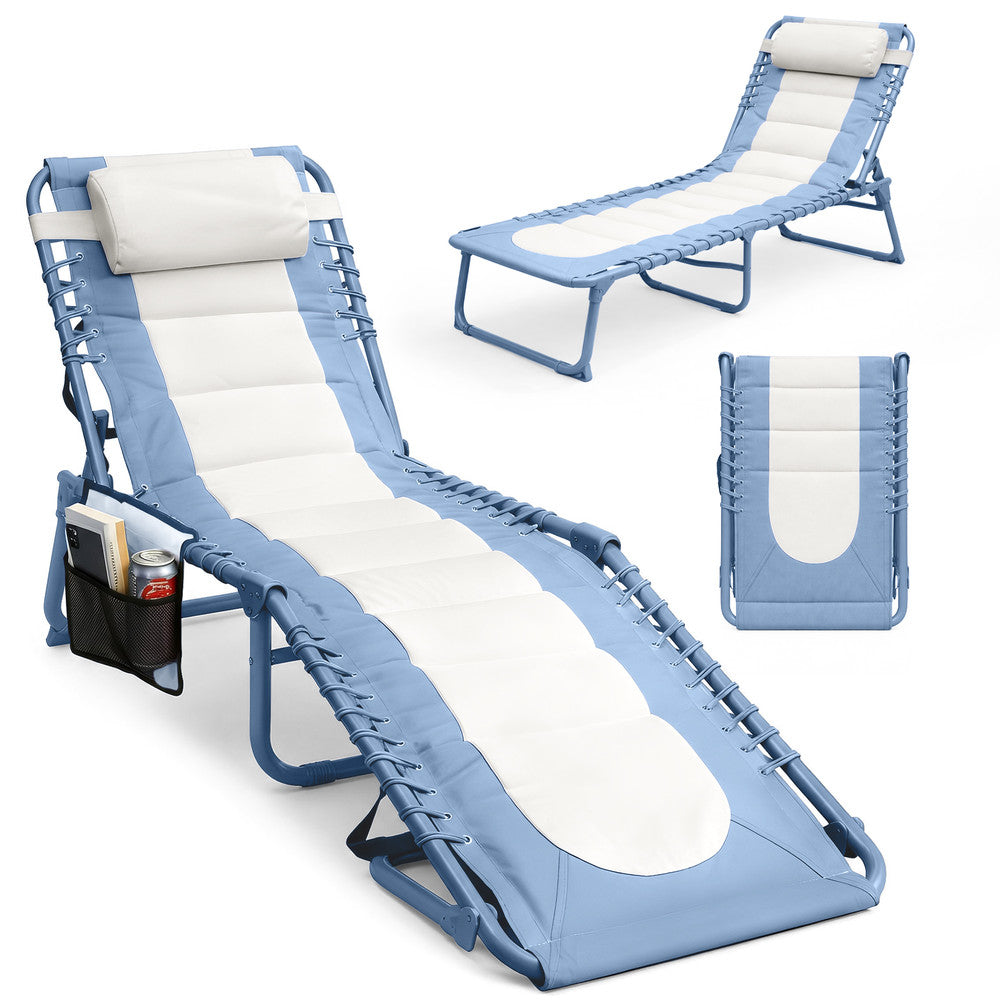 Keplin Padded Folding Sun Lounger in Blue – 600D Oxford Fabric Garden Recliner with Pillow