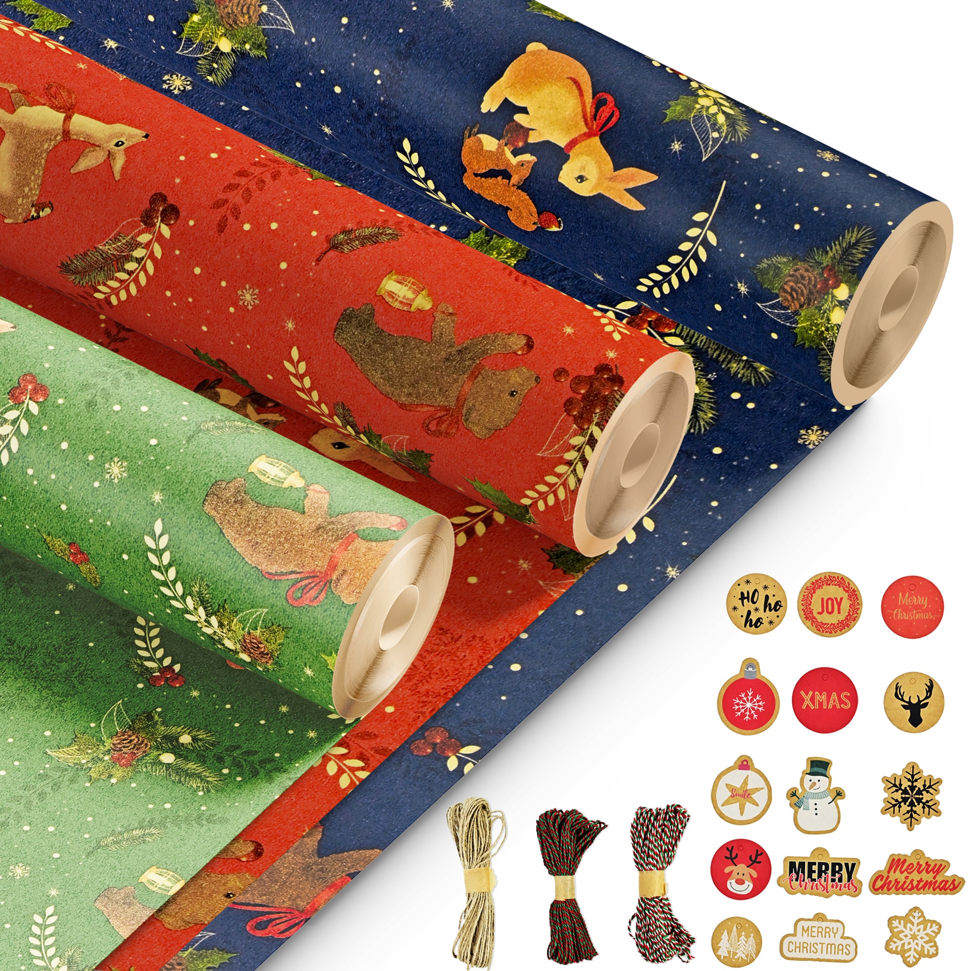 Kraft & Co – 3 Pack Kraft Christmas Wrapping Paper Rolls 69cm x 8m, Recycled & Eco-Friendly Gift Wrap with 15 Tags & 3-Color Twine, Christmas Wrap Tear-Resistant