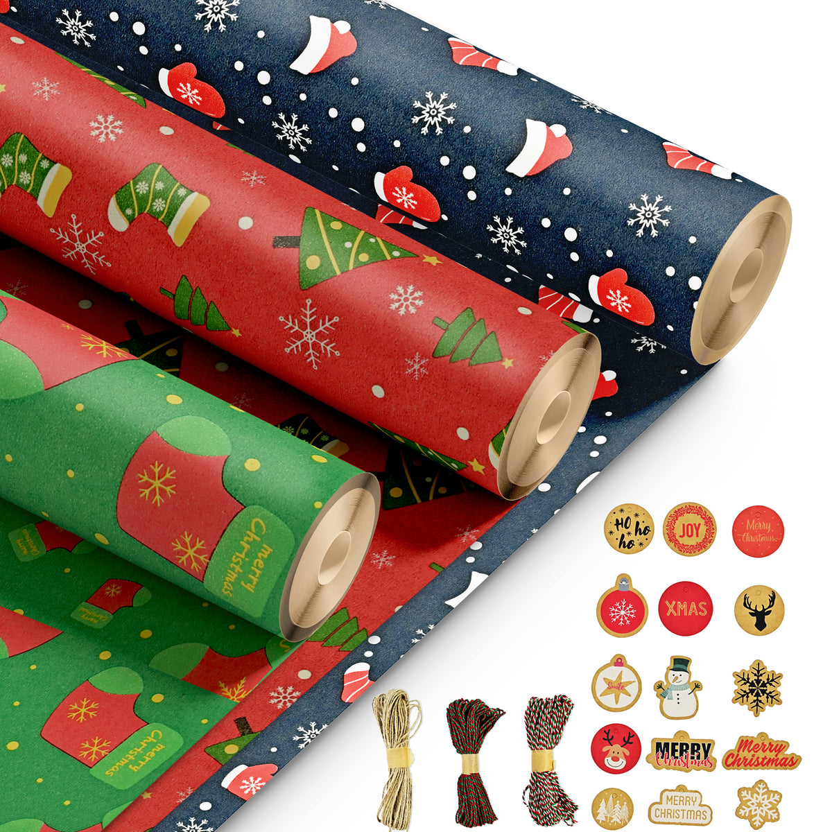 Kraft & Co – 3 Pack Kraft Christmas Wrapping Paper Rolls 69cm x 8m, Recycled & Eco-Friendly Gift Wrap with 15 Tags & 3-Color Twine, Christmas Wrap Tear-Resistant
