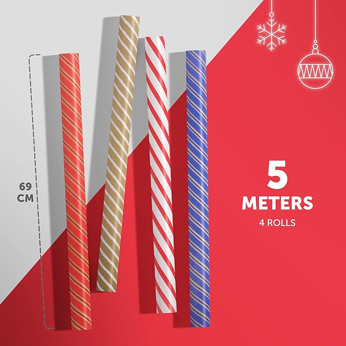 Kraft & Co 4 Pack 44cm x 5M of Gift Wrapping Paper, Quality Festive Designed Kraft Paper, Eco-Friendly, Recyclable Wrapping Paper Ideal for Gifts, Arts & Crafts (20M Total)