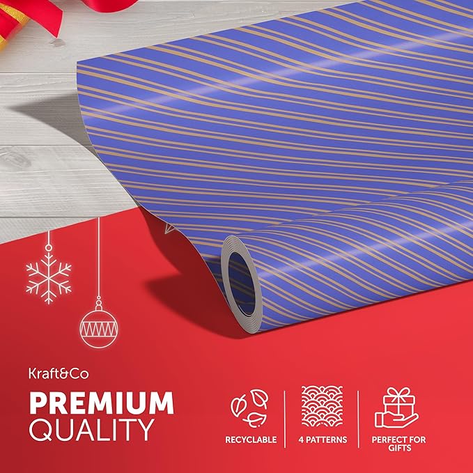 Kraft & Co 4 Pack 44cm x 5M of Gift Wrapping Paper, Quality Festive Designed Kraft Paper, Eco-Friendly, Recyclable Wrapping Paper Ideal for Gifts, Arts & Crafts (20M Total)