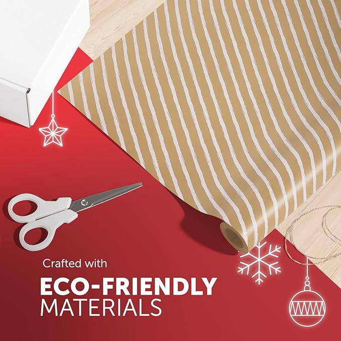 Kraft & Co 4 Pack 44cm x 5M of Gift Wrapping Paper, Quality Festive Designed Kraft Paper, Eco-Friendly, Recyclable Wrapping Paper Ideal for Gifts, Arts & Crafts (20M Total)