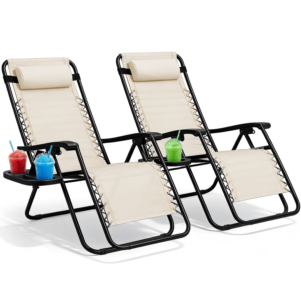 KEPLIN Set of 2 Heavy Duty Monocolour and Basic Textoline Zero Gravity Chairs for Garden Light Reclining Patio Sun loungers Easy to Clean Adjustable Head Rest Foldable with Cup & Phone Holder