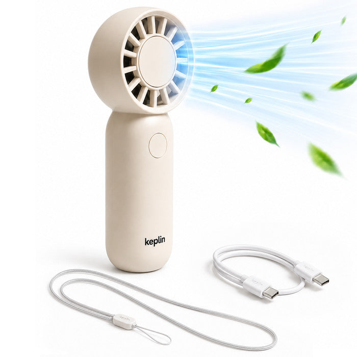 KEPLIN mini handheld fan Cream with USB-C charging cable and wrist strap – USB rechargeable pocket fan