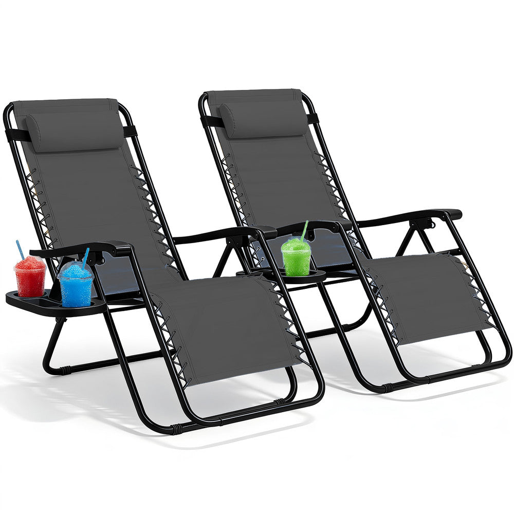 KEPLIN Set of 2 Heavy Duty Monocolour and Basic Textoline Zero Gravity Chairs for Garden Light Reclining Patio Sun loungers Easy to Clean Adjustable Head Rest Foldable with Cup & Phone Holder