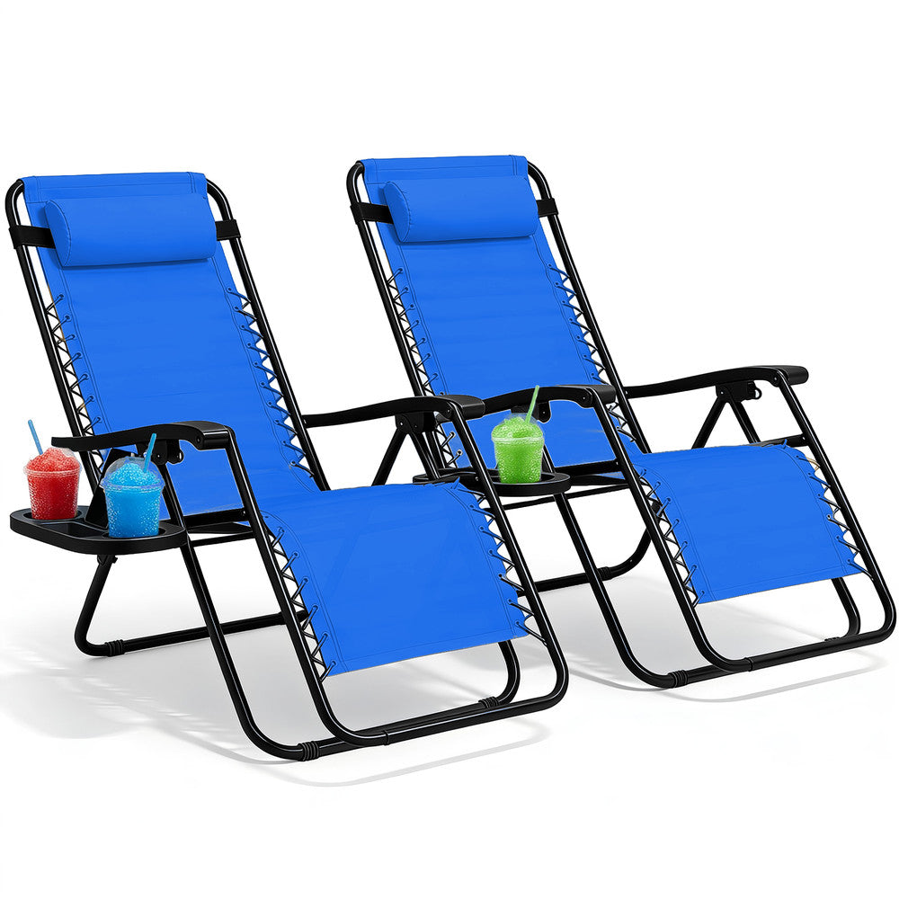 KEPLIN Set of 2 Heavy Duty Monocolour and Basic Textoline Zero Gravity Chairs for Garden Light Reclining Patio Sun loungers Easy to Clean Adjustable Head Rest Foldable with Cup & Phone Holder