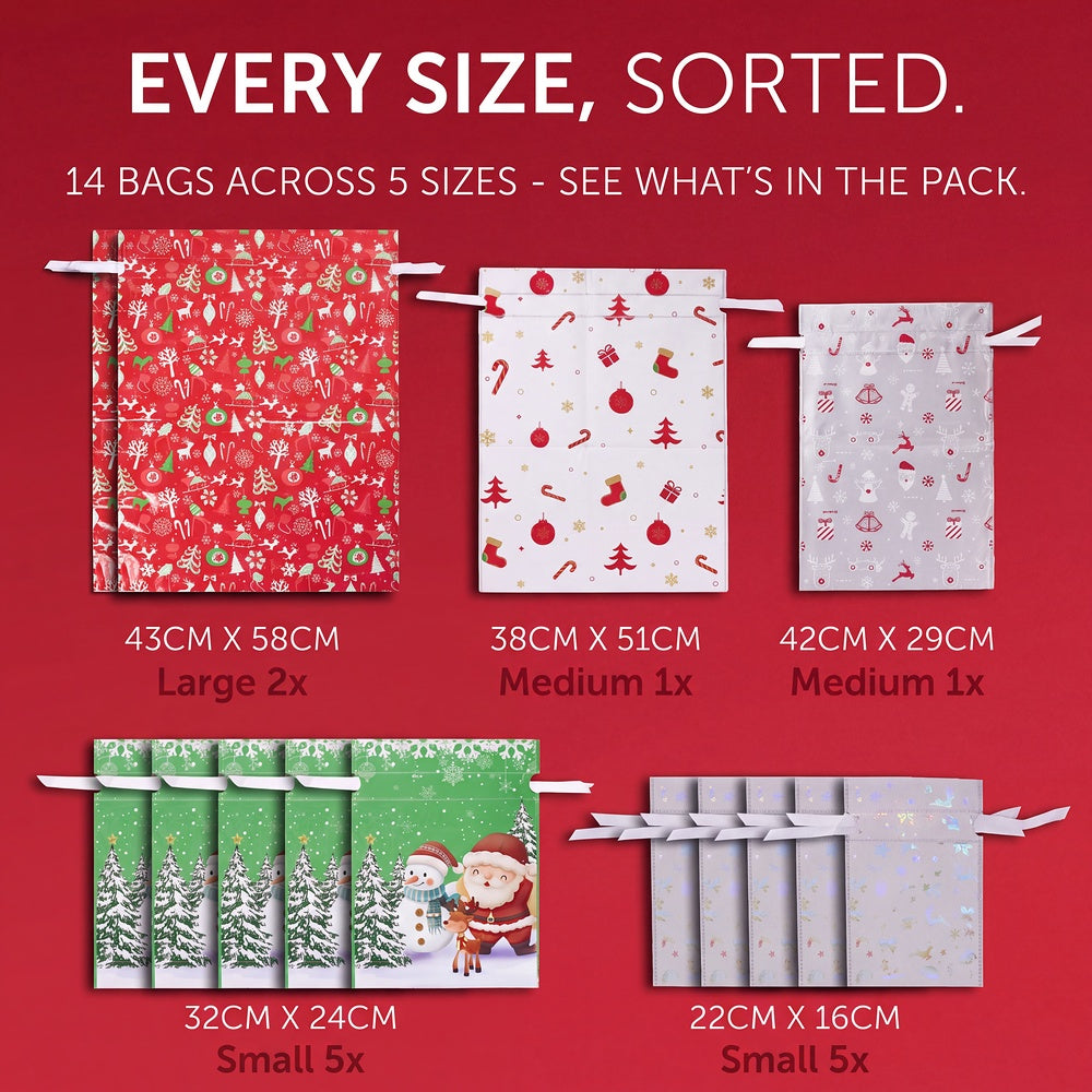 Festive foil gift bag size chart showing 14 bags across five sizes from 22x16cm to 43x58cm