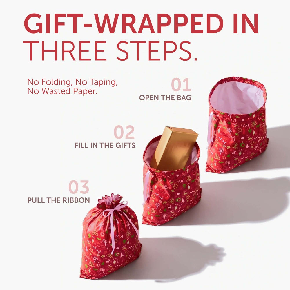 Red festive foil gift bag shown in three steps, open the bag, add the gift, pull the ribbon