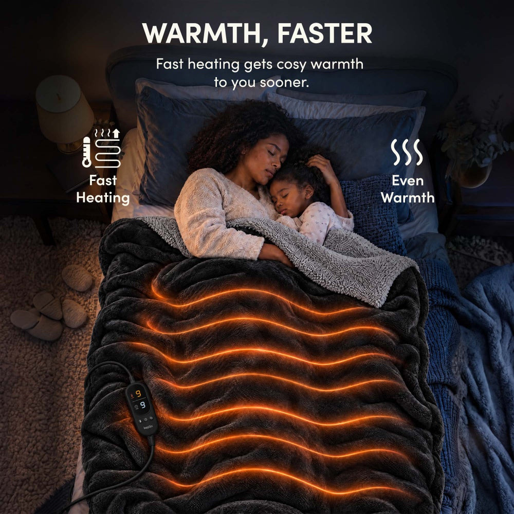 Woman and child asleep under black and grey electric heated throw with fast, even heating