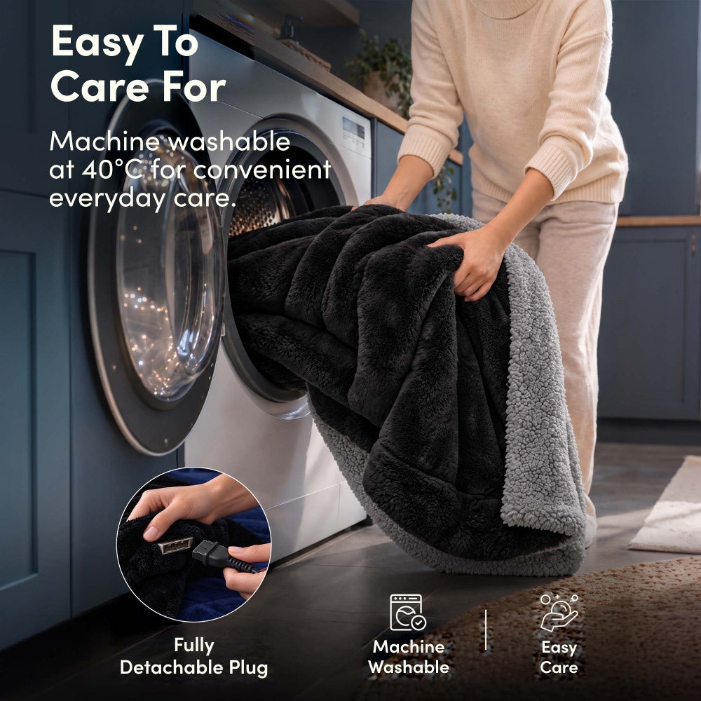 Machine washable black and grey electric heated throw, detachable plug, washing machine