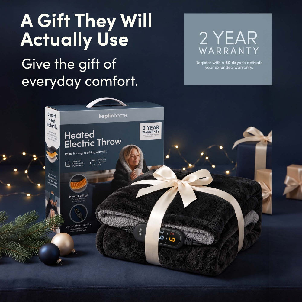 Black and grey heated throw blanket gift wrapped with box and 2 year warranty