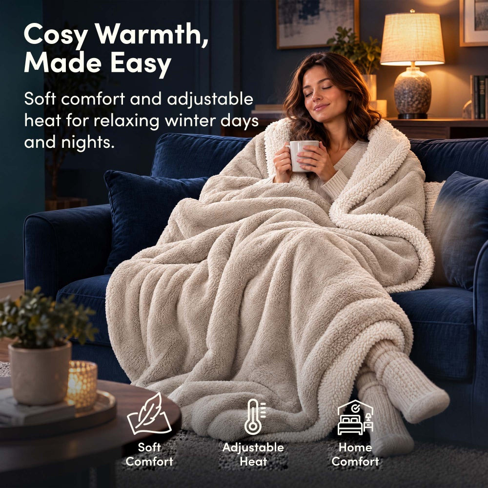 Woman relaxing on sofa under cream electric heated throw blanket with sherpa lining