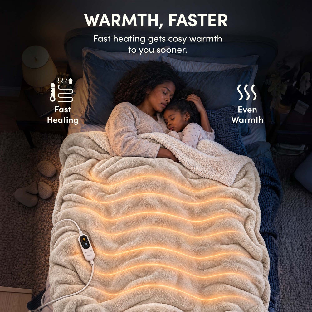 Woman and child asleep under cream electric heated throw with fast, even heating