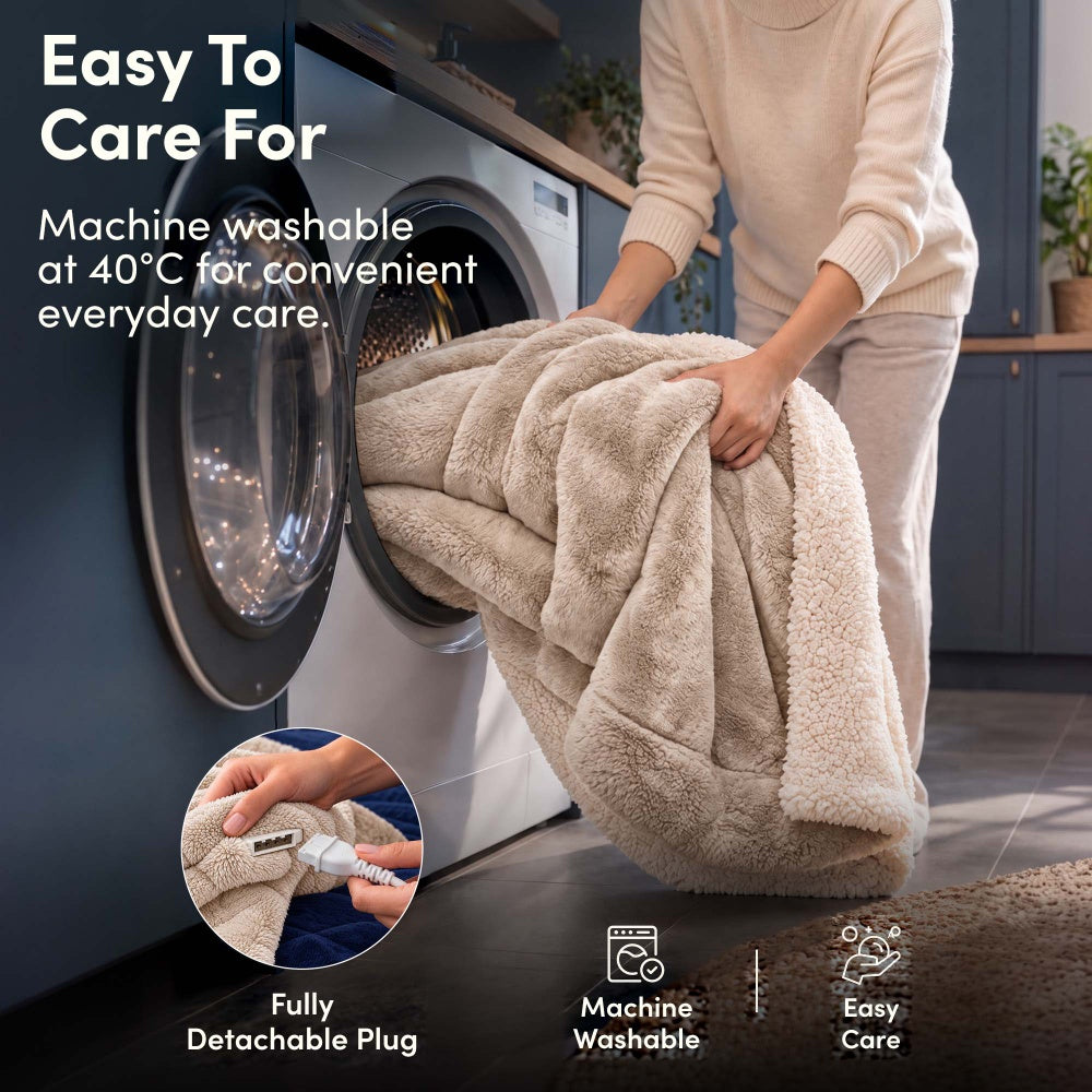 Machine washable cream electric heated throw, detachable plug, washing machine