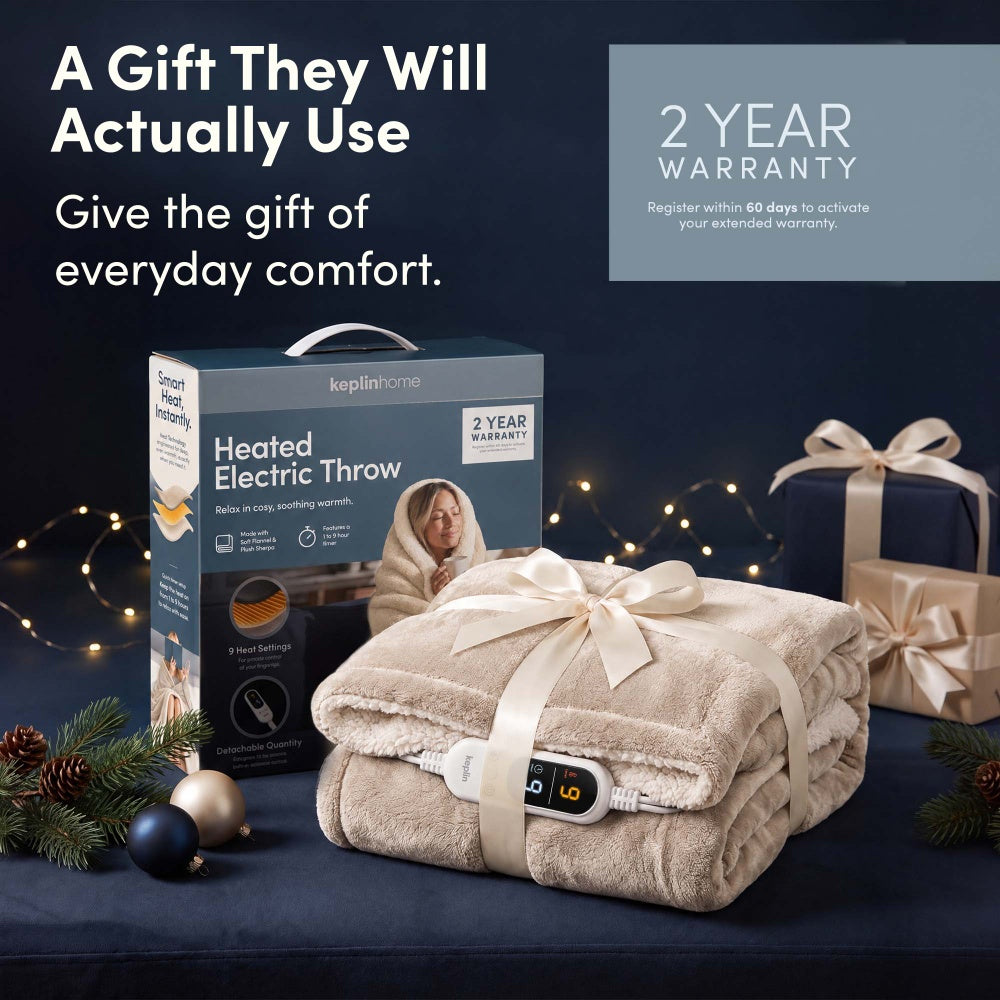Cream heated throw blanket gift wrapped with box and 2 year warranty