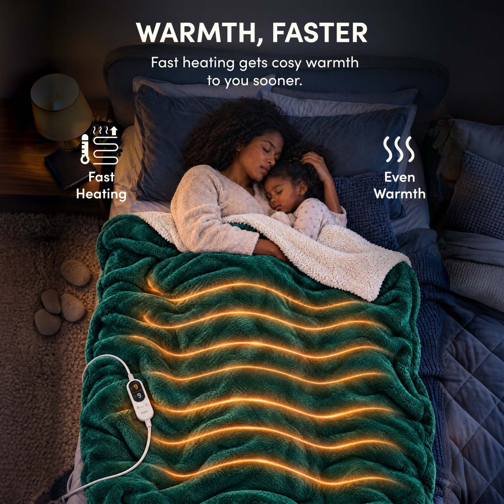 Woman and child asleep under emerald green electric heated throw with fast, even heating