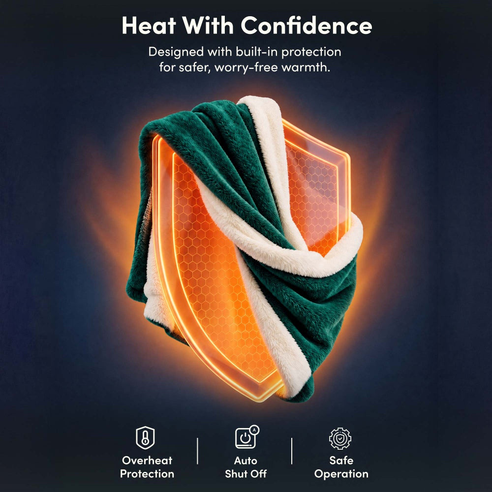 Emerald green heated throw blanket with overheat protection and auto shut off safety