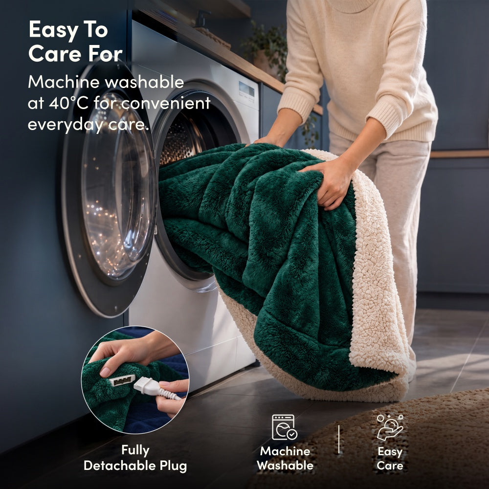 Machine washable emerald green electric heated throw, detachable plug, washing machine