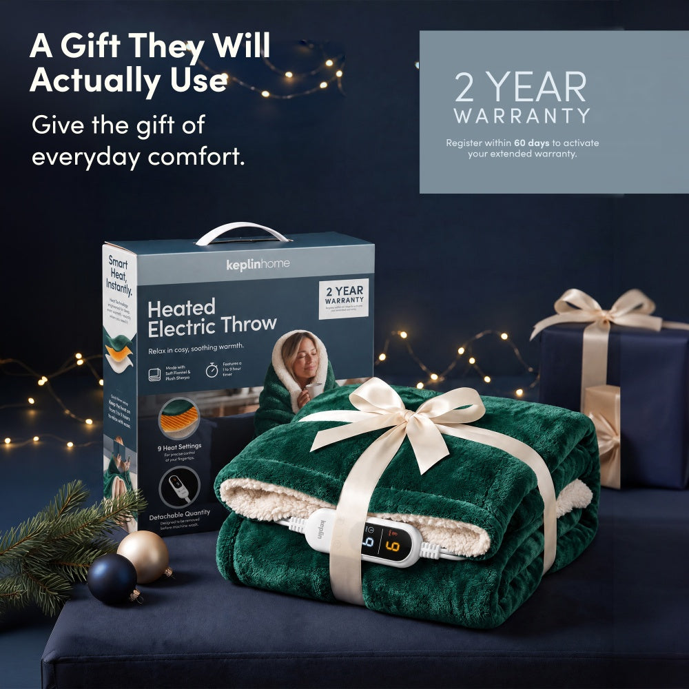 Emerald green heated throw blanket gift wrapped with box and 2 year warranty