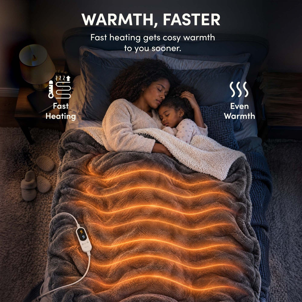 Woman and child asleep under charcoal grey electric heated throw with fast, even heating