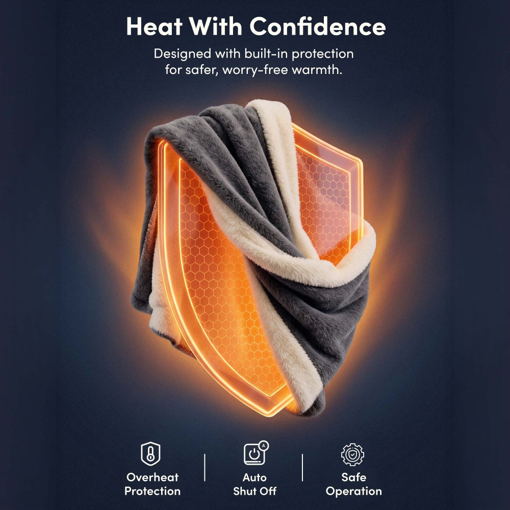 Charcoal grey heated throw blanket with overheat protection and auto shut off safety
