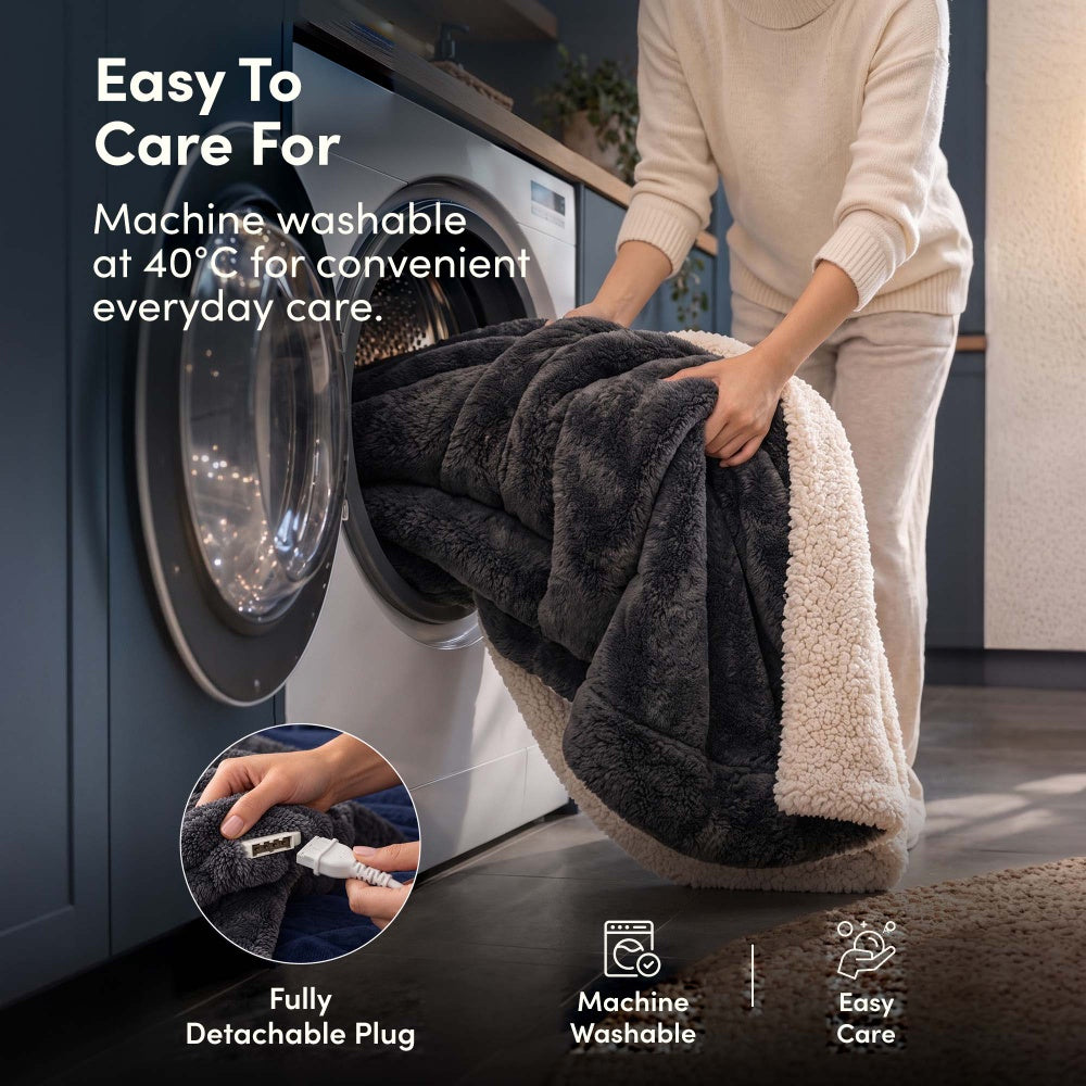 Machine washable charcoal grey electric heated throw, detachable plug, washing machine