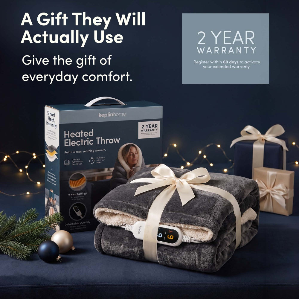 Charcoal grey heated throw blanket gift wrapped with box and 2 year warranty