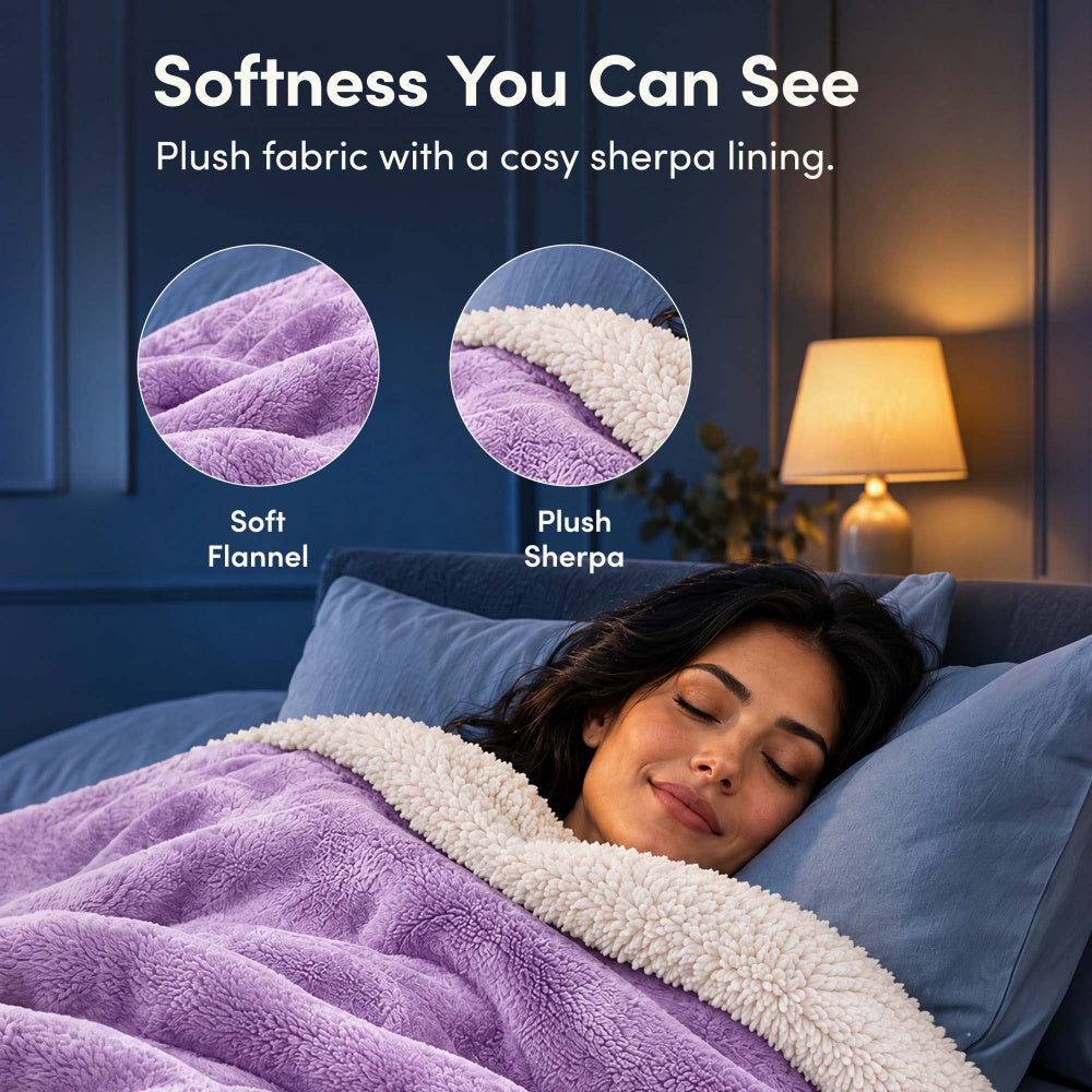 Soft lilac purple flannel and plush sherpa lining of electric heated throw blanket