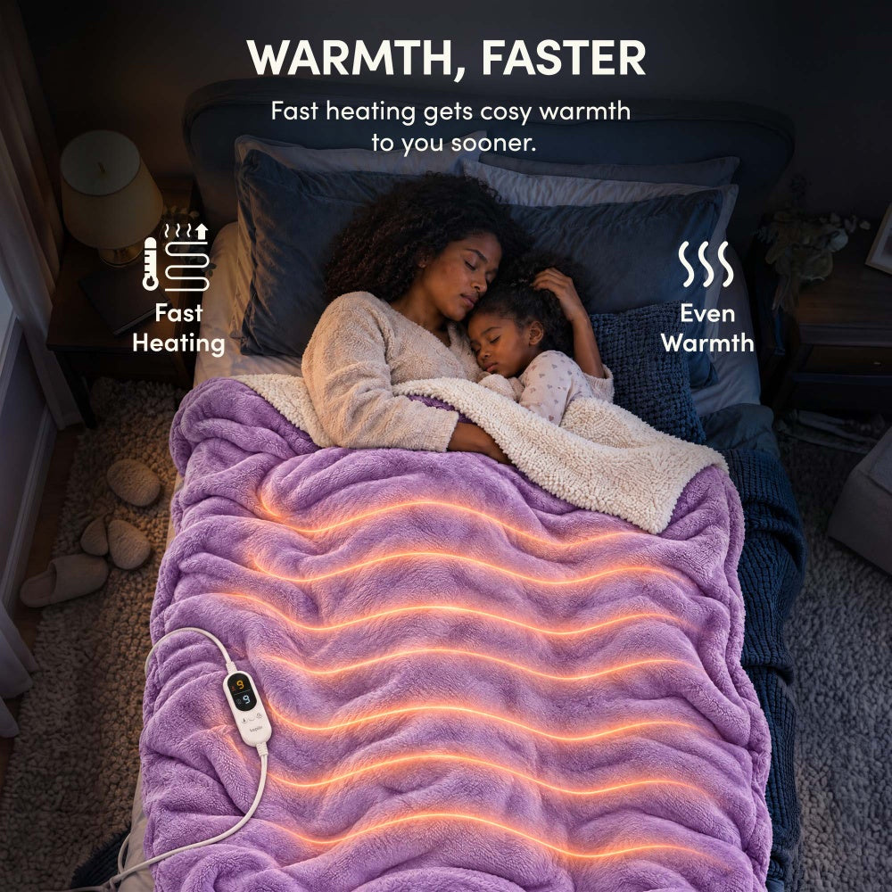 Woman and child asleep under lilac purple electric heated throw with fast, even heating