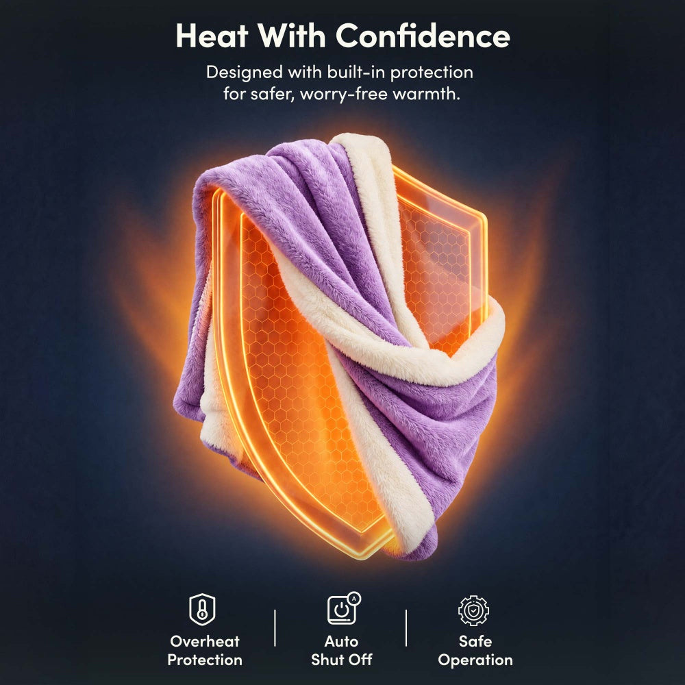 Lilac purple heated throw blanket with overheat protection and auto shut off safety