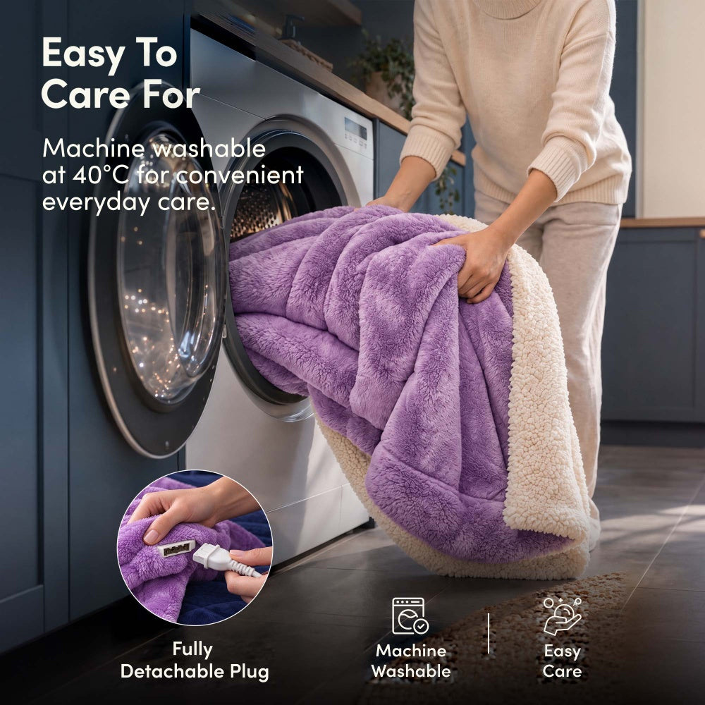 Machine washable lilac purple electric heated throw, detachable plug, washing machine