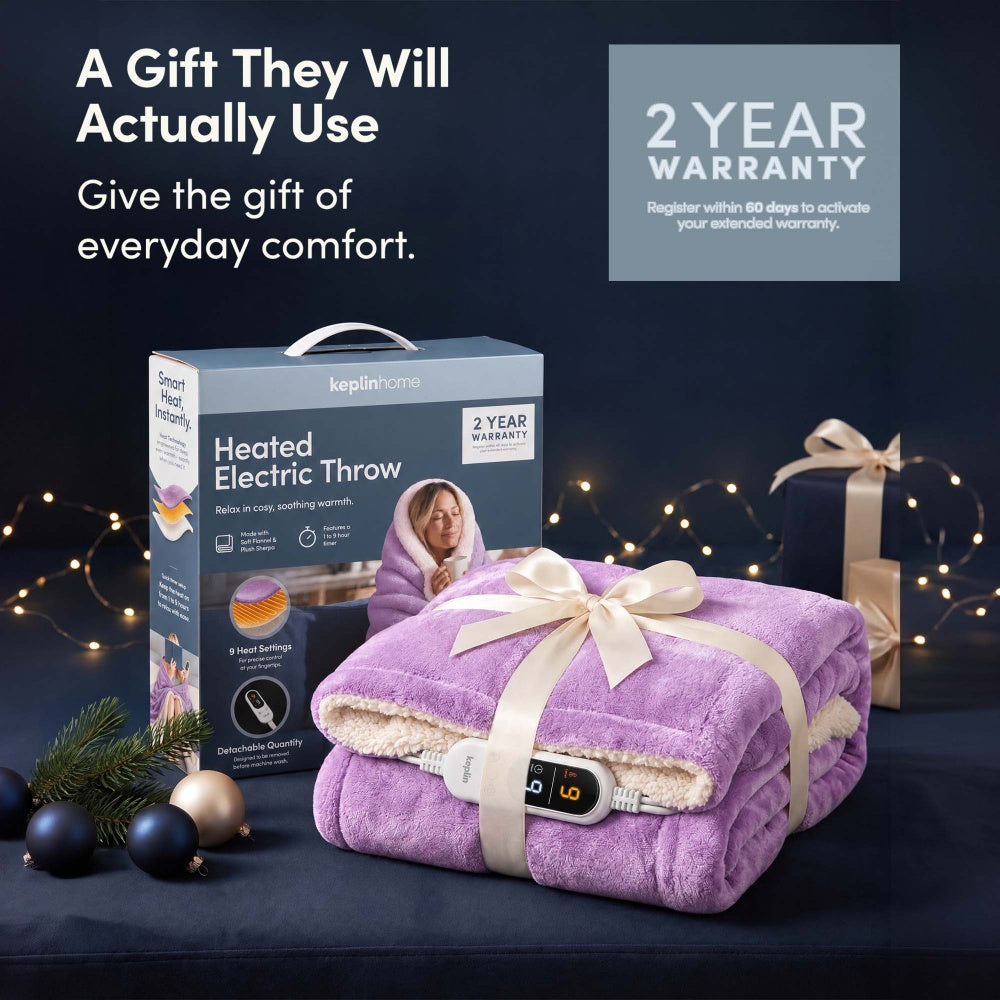 Lilac purple heated throw blanket gift wrapped with box and 2 year warranty