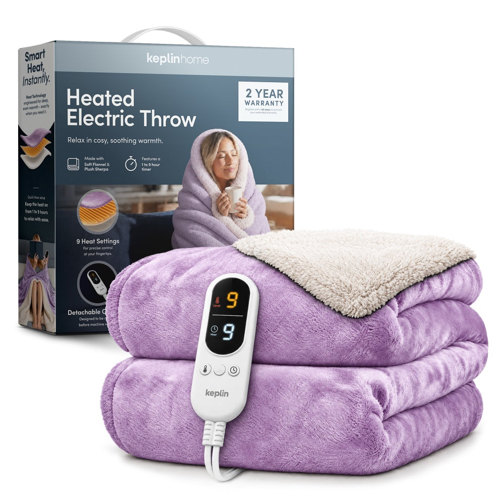Keplin lilac purple sherpa electric heated throw blanket with digital remote UK