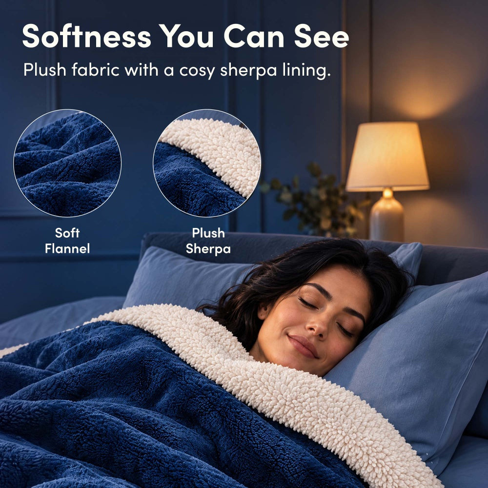 Soft navy blue flannel and plush sherpa lining of electric heated throw blanket