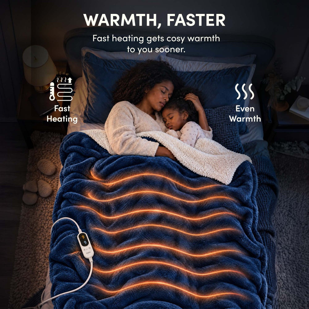 Woman and child asleep under navy blue electric heated throw with fast, even heating