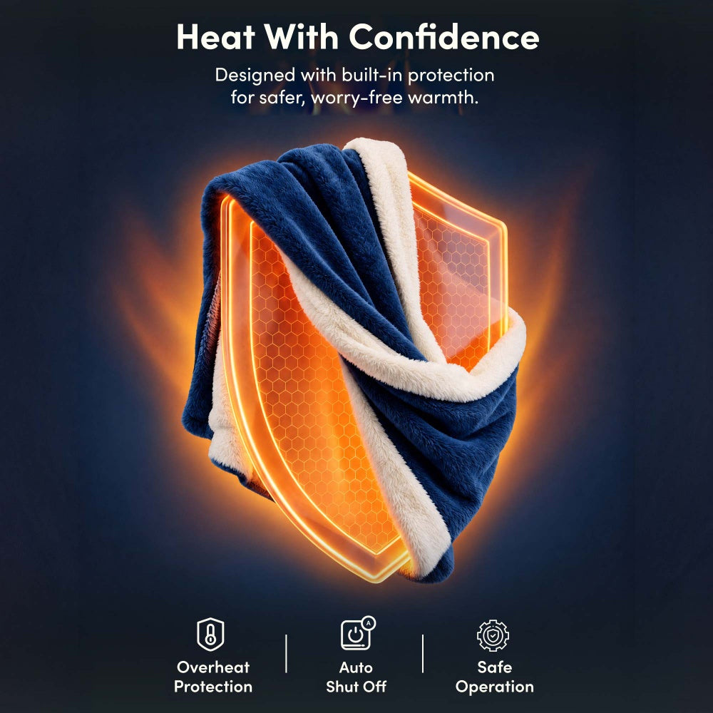Navy blue heated throw blanket with overheat protection and auto shut off safety