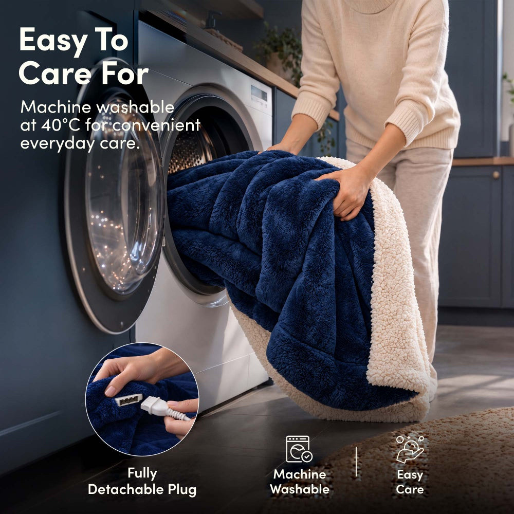 Machine washable navy blue electric heated throw, detachable plug, washing machine