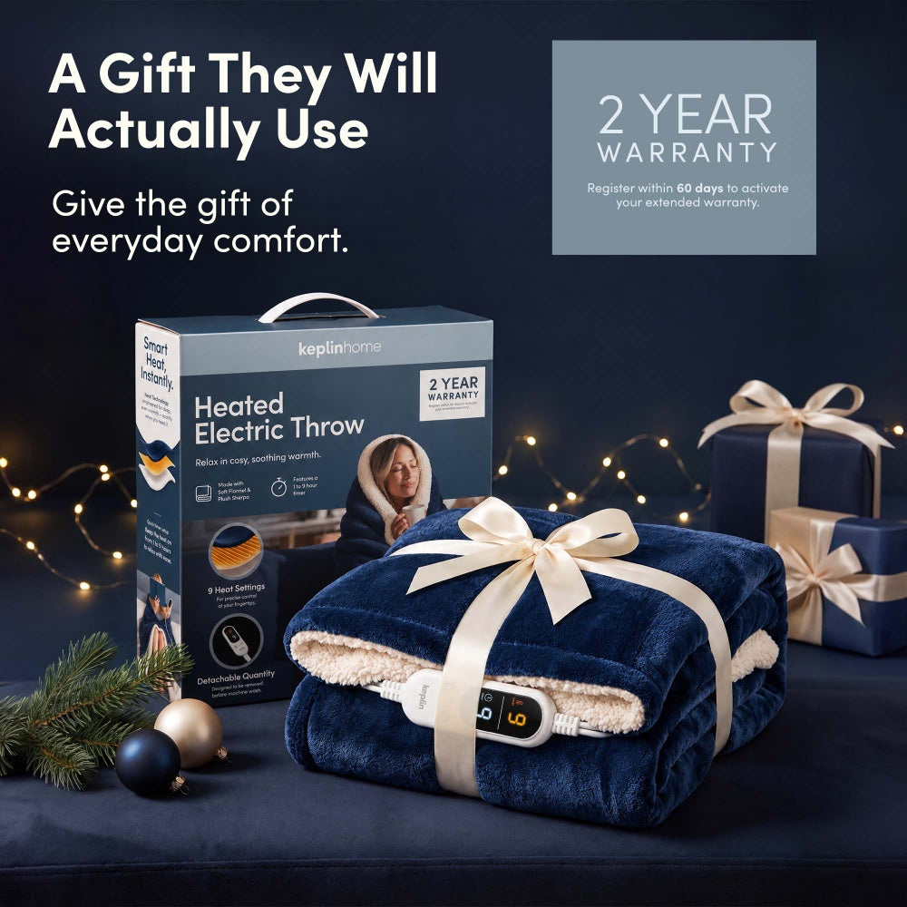 Navy blue heated throw blanket gift wrapped with box and 2 year warranty