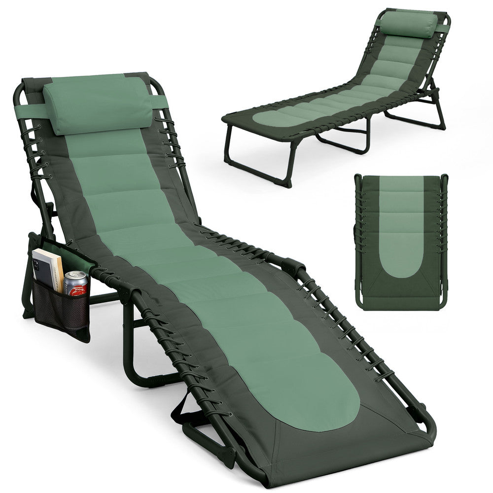 Keplin Padded Folding Sun Lounger in Green – 600D Oxford Fabric Garden Recliner with Pillow
