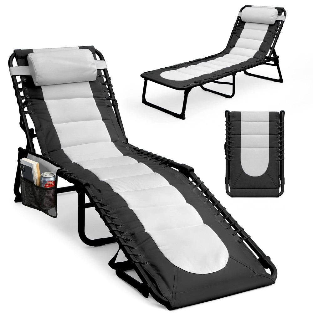Keplin Padded Folding Sun Lounger in Charcoal Black – 600D Oxford Fabric Garden Recliner with Pillow