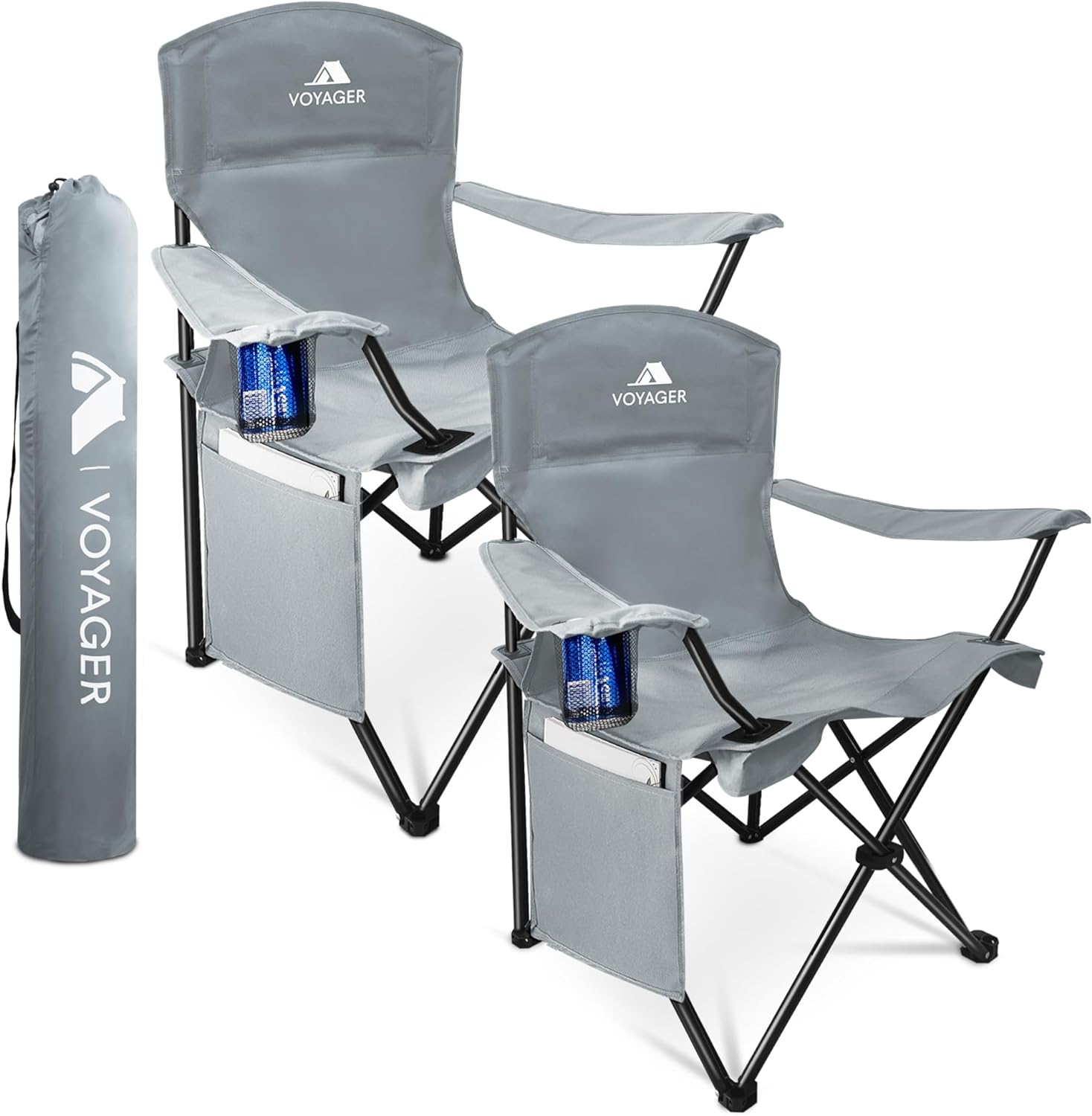 Voyager Folding Camping Chair 2-Pack, Lightweight with Pocket and Drinks Holder, Holds up to 120kg Each, Easy to Transport, Foldable Outdoor Chair Set