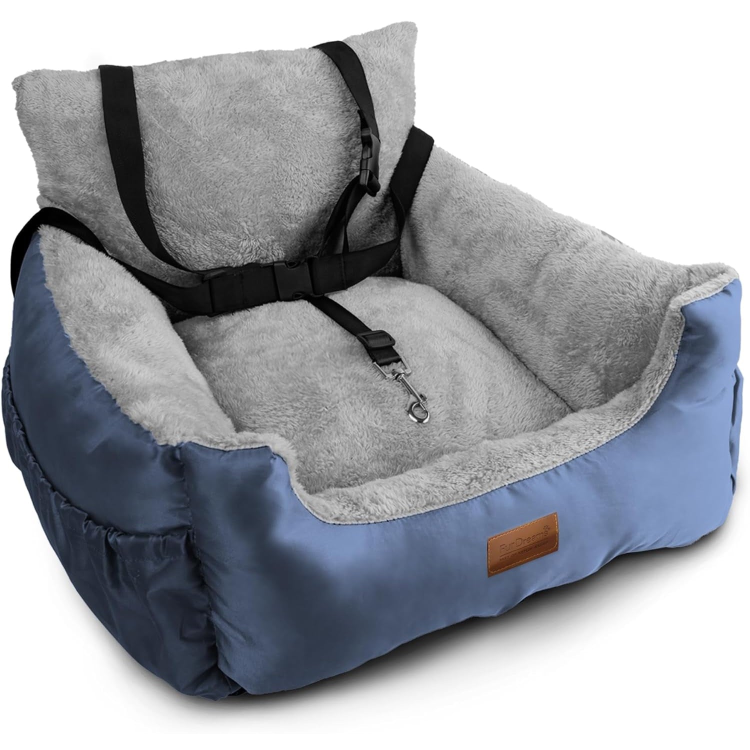 FurDreams Dog Car Seat – Plush & Cozy Pet Booster Seat for Small Dogs & Cats with Storage Pocket, Safety Leash, Waterproof Liner, and Non-Slip Base