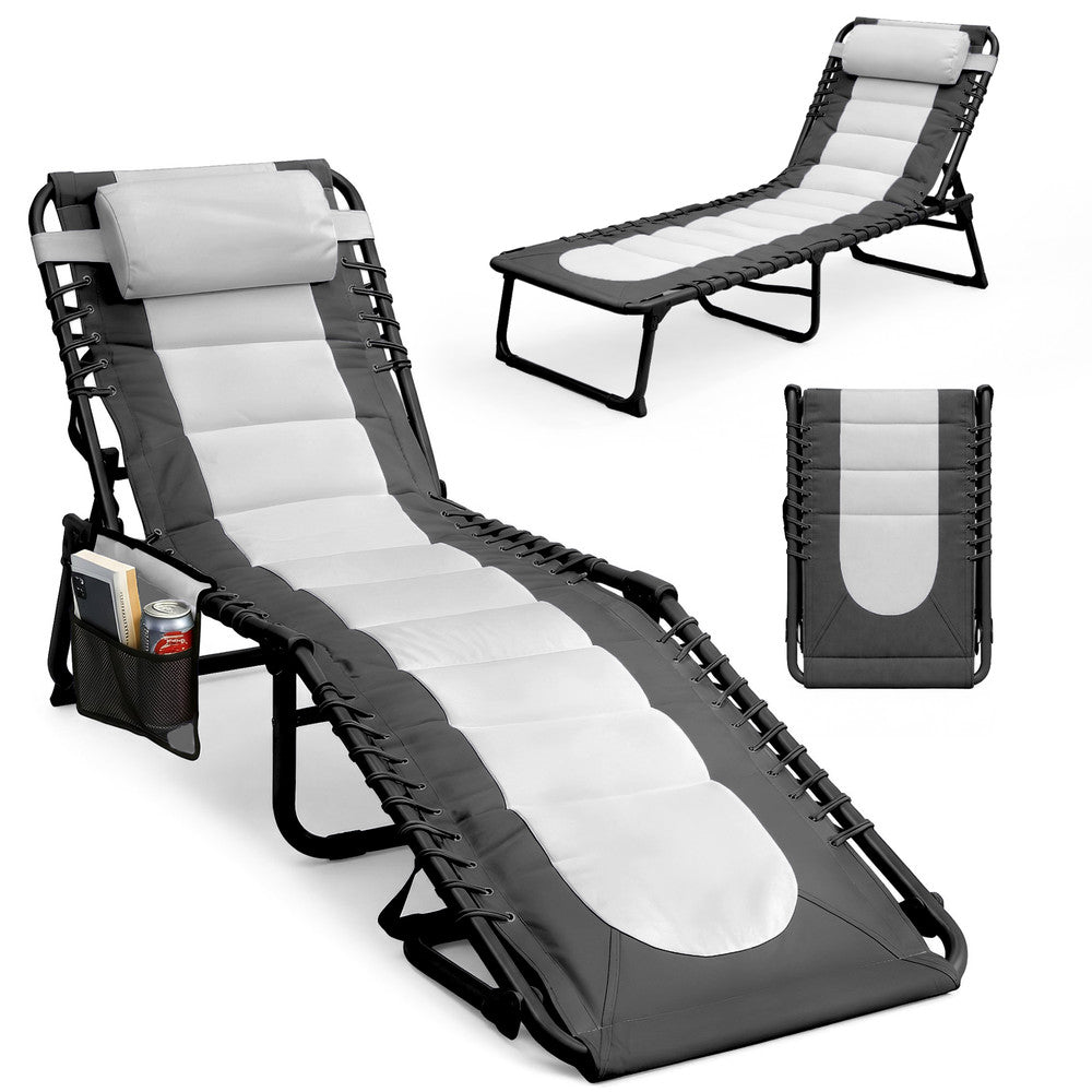 Keplin Padded Folding Sun Lounger in Light Grey Dark Grey – 600D Oxford Garden Recliner with Pillow