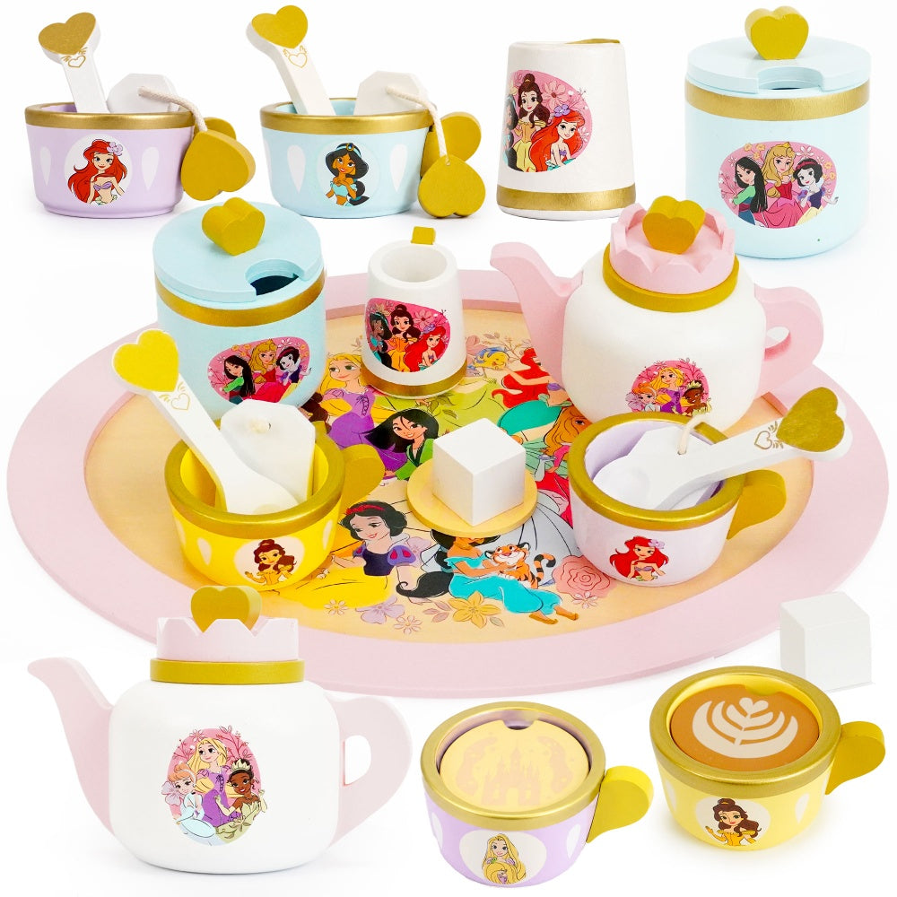 Disney Princess wooden tea set 16 piece with tray, teapot, cups and spoons - kids toy tea set UK