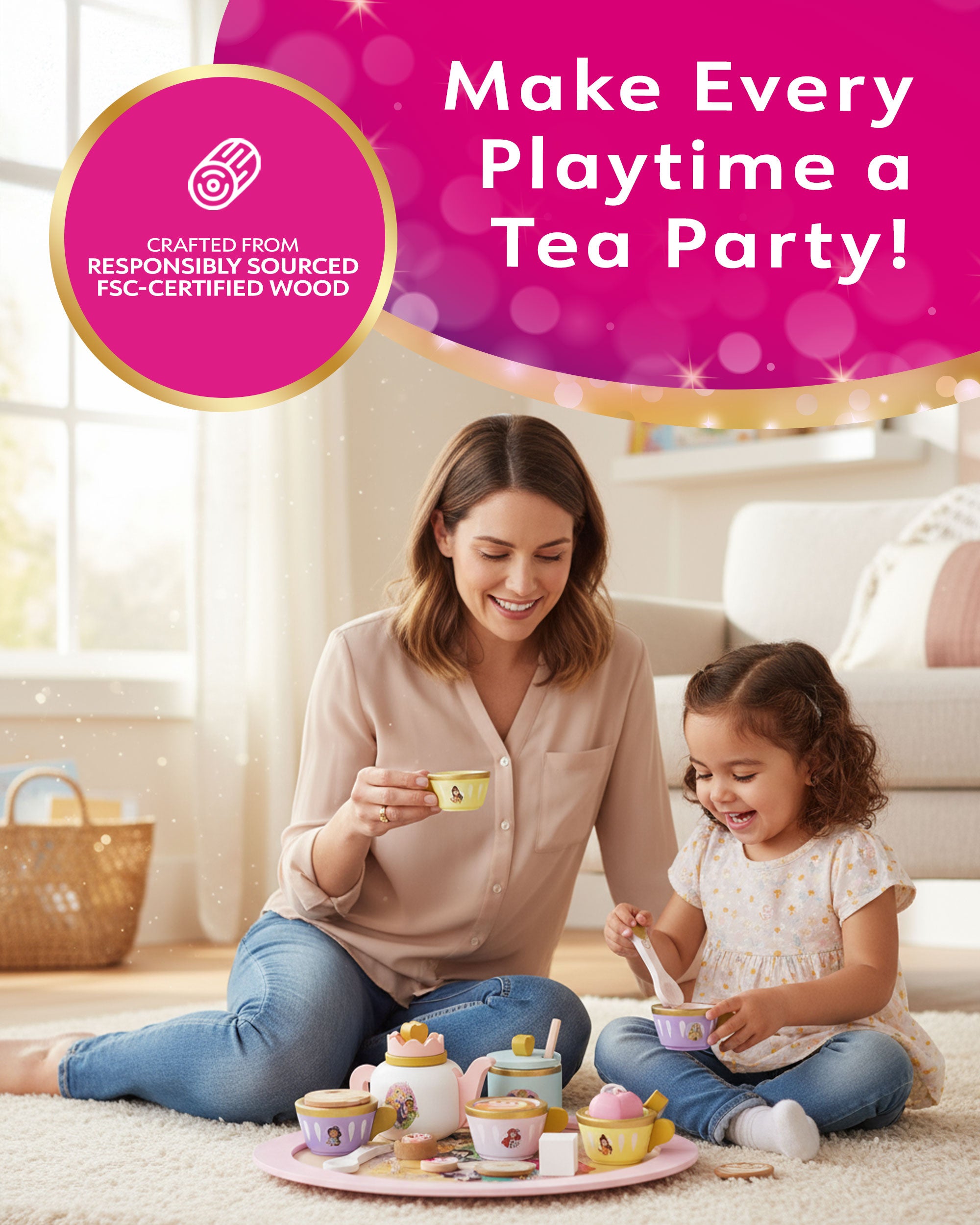 Disney Princess Wooden Afternoon Tea Party Set - 16 Piece Pretend Play Set – FSC Certified Eco-Friendly Toy for Kids Aged 3+